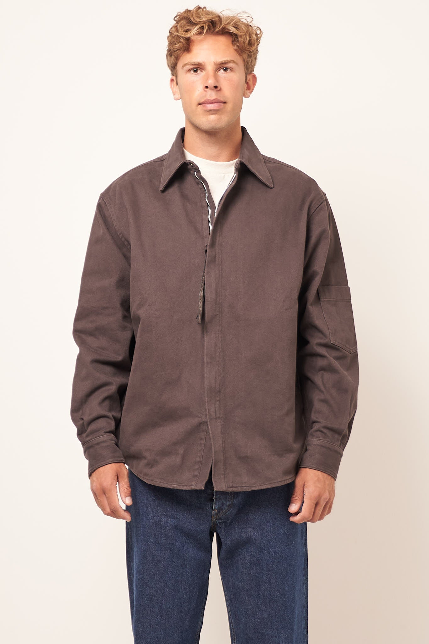 Twill Zipper Overshirt Jacket Stone Black